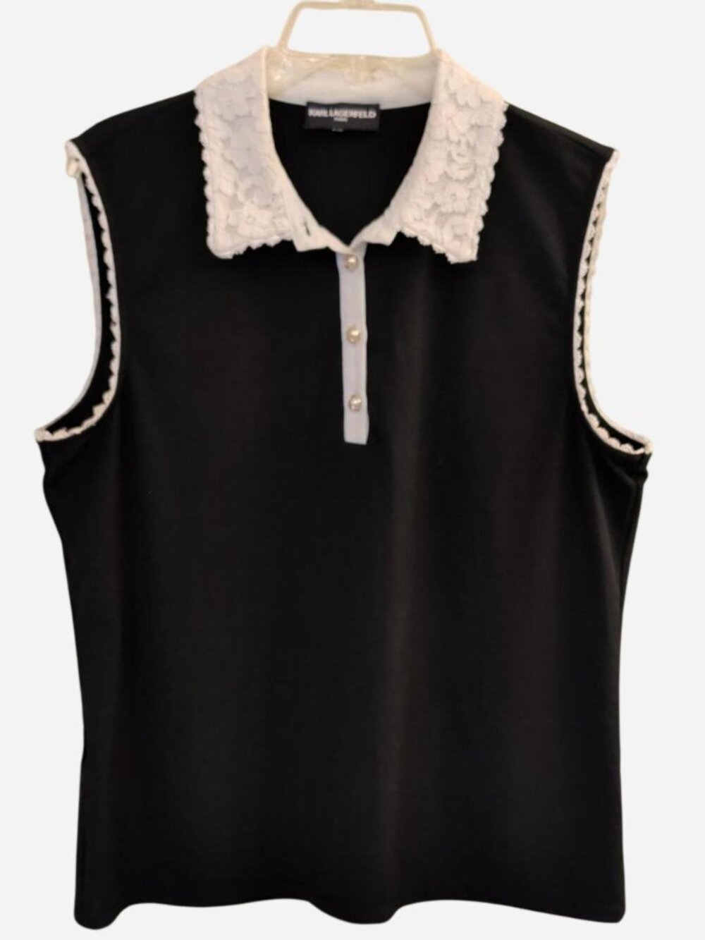 Karl Lagerfeld Black Sleeveless Polo Top XL | Lace Collar